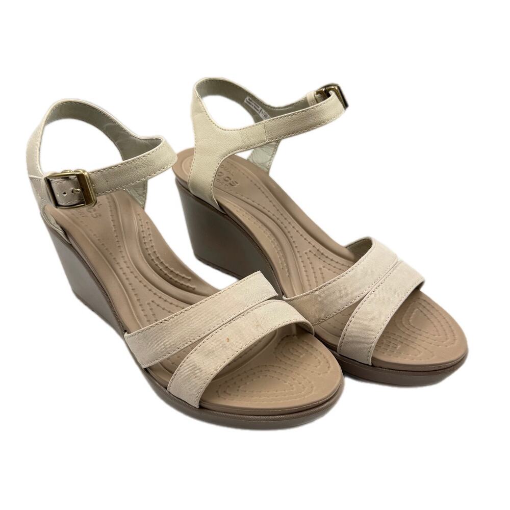 Crocs Leigh II Ankle Strap Cream Beige Neutral Lightweight Comfort Wedge Sandals - Picture 5 of 11